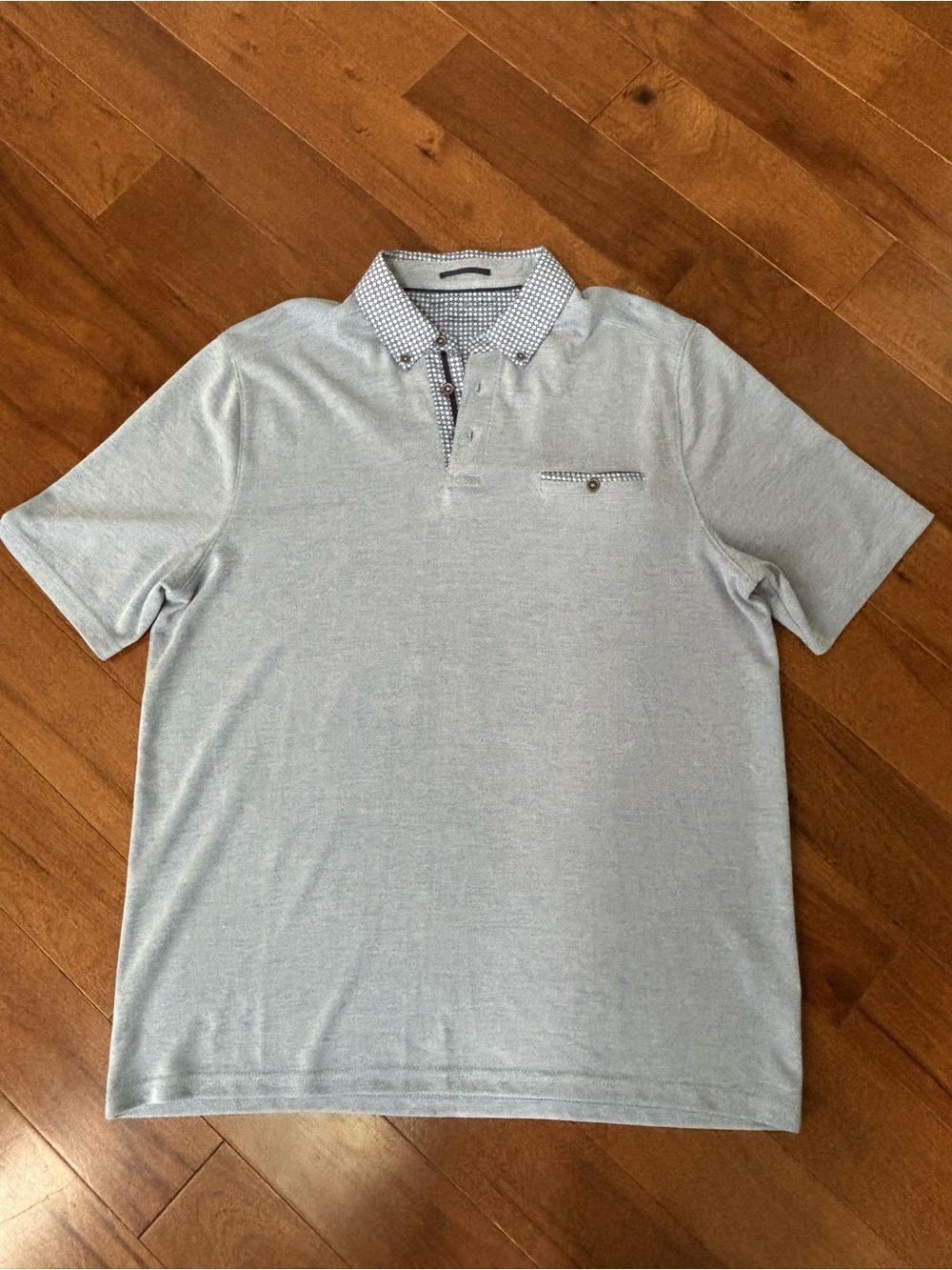 Men's Light Blue Polo with Patterned Contrast Collar